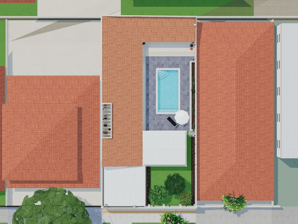 A casa no passeio 3D vista do alto: telhados, piscina, jardim, garagem e as casas vizinhas.