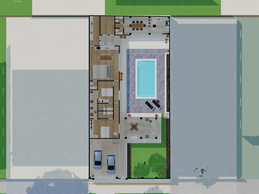 A mesma casa em vista de planta, cortada a 2,10 m, com paredes, móveis e piscina.