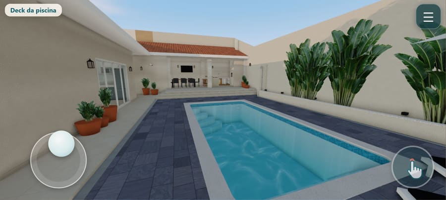 O mesmo passeio no celular deitado, com o joystick na tela: o deck da piscina.