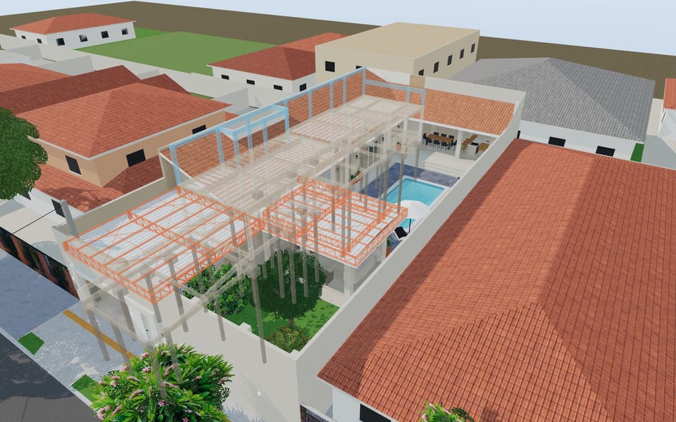 Raio-X só com a camada 1: pilares, vigas, lajes e a estrutura metálica do gazebo.
