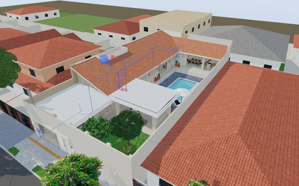 Raio-X só com a camada 3: água fria em azul, água quente em vermelho e a caixa d'água.
