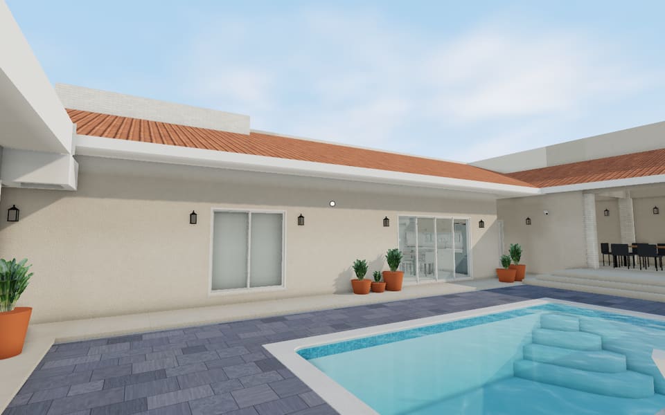 Piscina às 8h30, com a sombra da manhã.