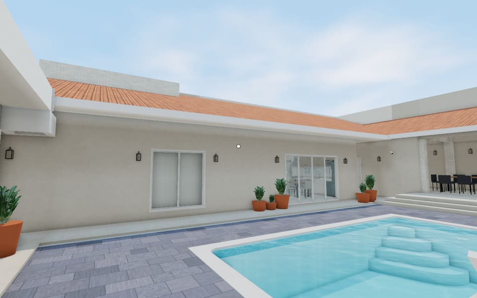 Piscina ao meio-dia, com o sol a pino.