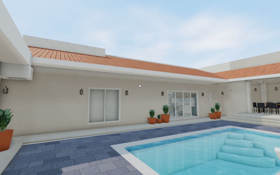 Piscina às 15h, com a luz da tarde batendo na fachada.