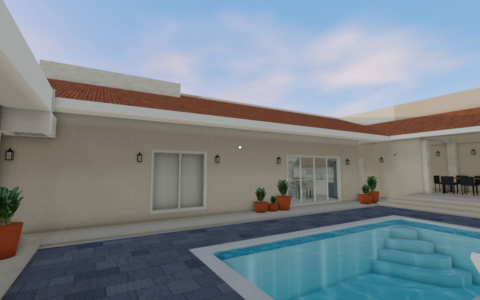 Piscina às 17h45, com a sombra comprida do fim de tarde.