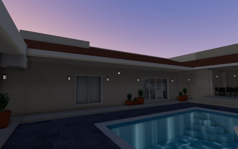 Piscina às 18h35, no crepúsculo.